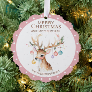 Waterverf rendier roze kerstversiering Kaart