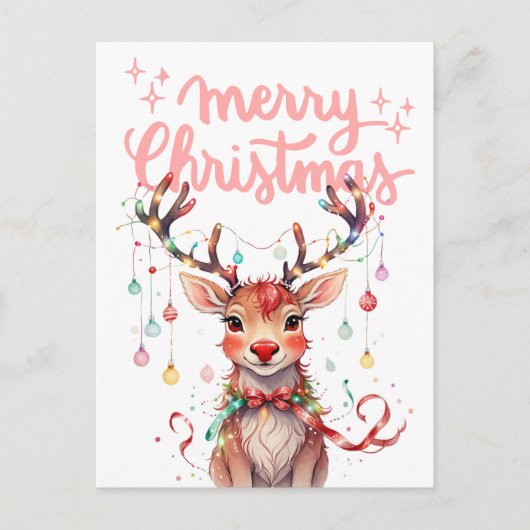 Waterverf Rendier Rudolph en kerstverlichting Briefkaart (Voorkant)
