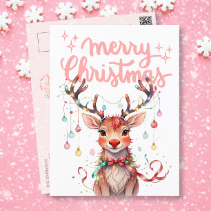 Waterverf Rendier Rudolph en kerstverlichting Briefkaart