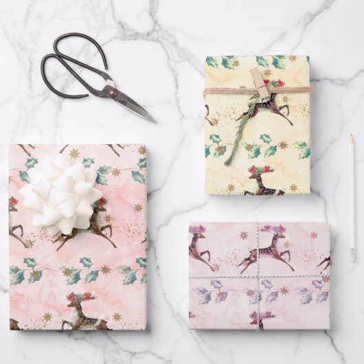 Waterverf Rendieren en groen Kerstmis Inpakpapier Vel (Voorkant)