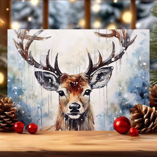 Waterverf rendieren in de sneeuw feestdagen kaart