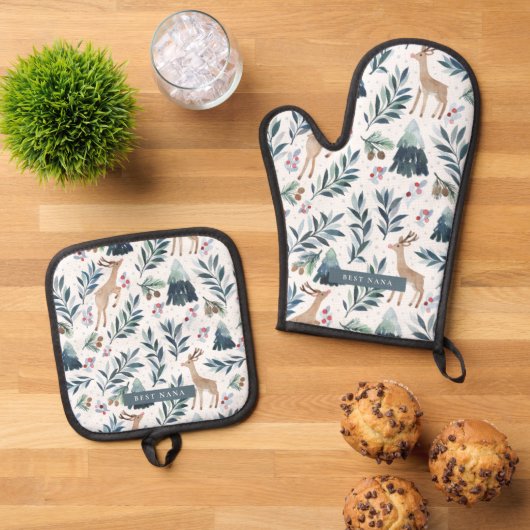 Waterverf rendieren in het bos Kerst Ovenwant & Pannenlap Set (Top down)