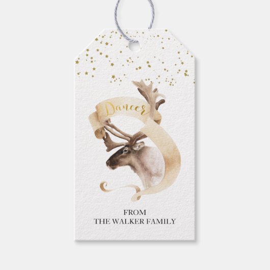 Waterverf rendierfamilie goudkerst cadeaulabel (Voorkant)