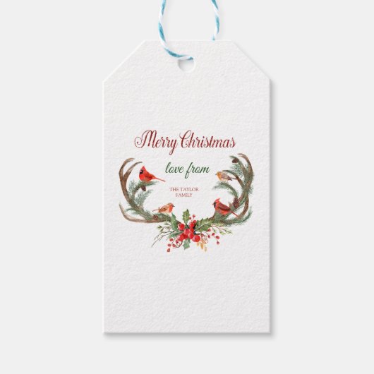 Waterverf Rendiergewei Kardinaal Kerstmis Cadeaulabel (Voorkant)