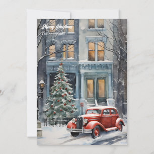 Waterverf retro auto Kerstboom Feestdagenkaart