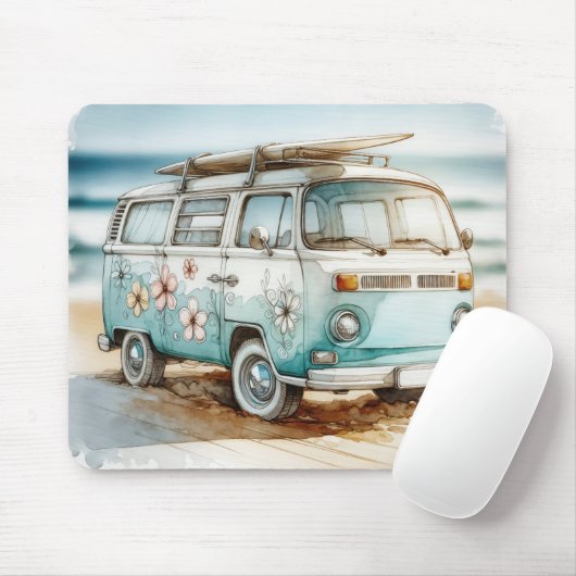 Waterverf Retro Campervan met Surfboard Muismat (Met muis)