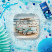 Waterverf Retro Campervan met Surfboard Papieren Bordje (Feest)