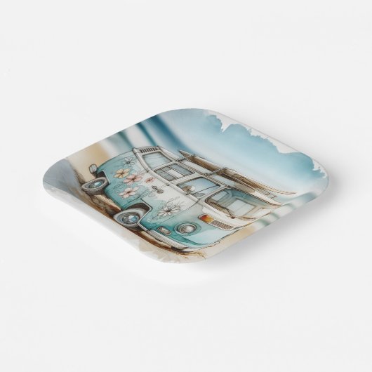 Waterverf Retro Campervan met Surfboard Papieren Bordje (Gebogen)