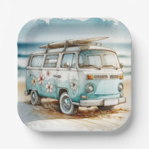 Waterverf Retro Campervan met Surfboard Papieren Bordje