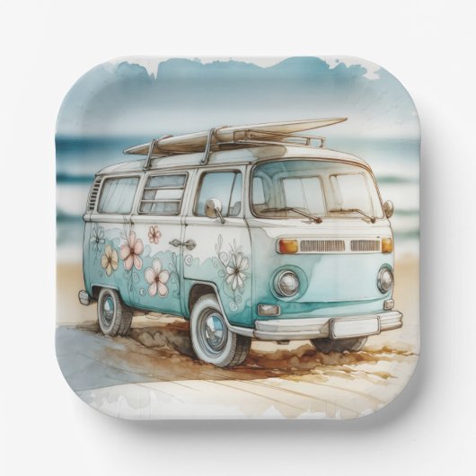 Waterverf Retro Campervan met Surfboard Papieren Bordje (Voorkant)