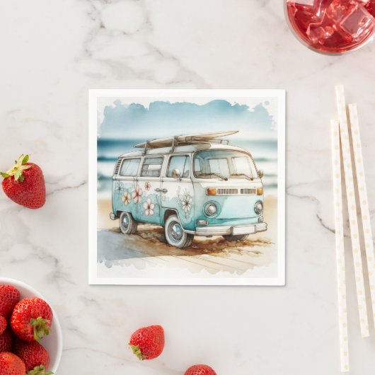 Waterverf Retro Campervan met Surfboard Servet (Insitu)