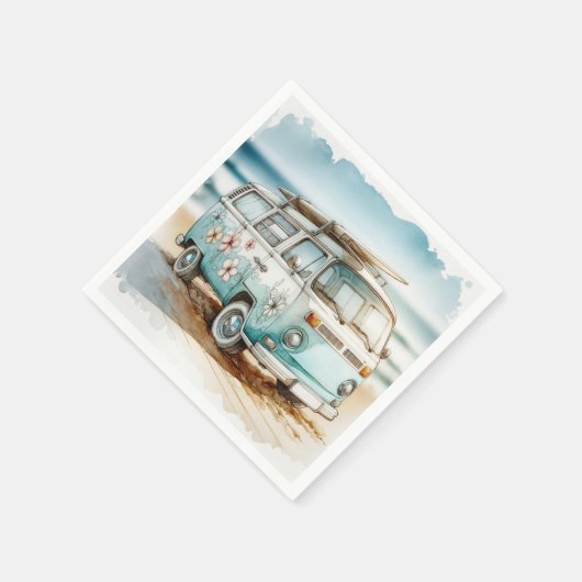 Waterverf Retro Campervan met Surfboard Servet (Hoek)