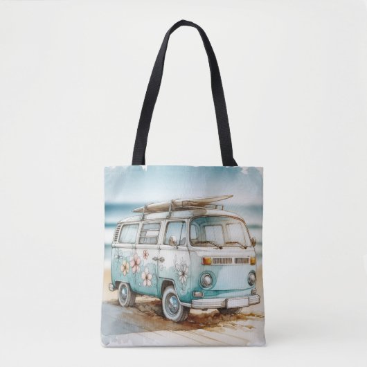 Waterverf Retro Campervan met Surfboard Tote Bag (Voorkant)