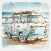 Waterverf Retro Campervan met Surfboard Vierkante Sticker (Voorkant)