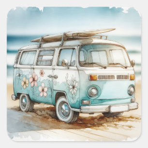Waterverf Retro Campervan met Surfboard Vierkante Sticker