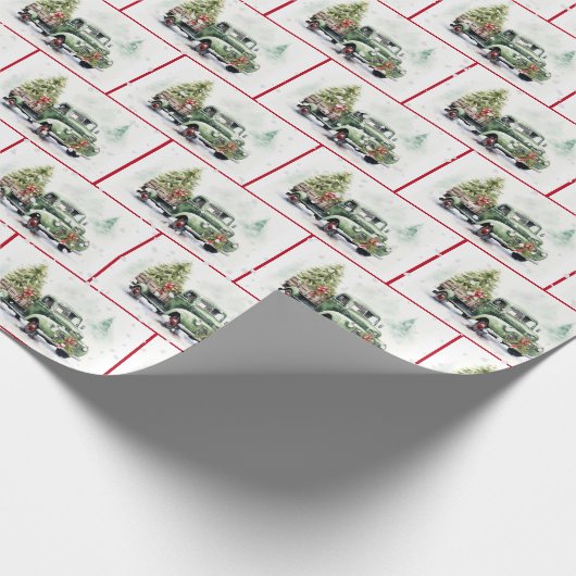 Waterverf Retro Groene Vrachtwagen in Sneeuwvlokke Cadeaupapier (Hoek)