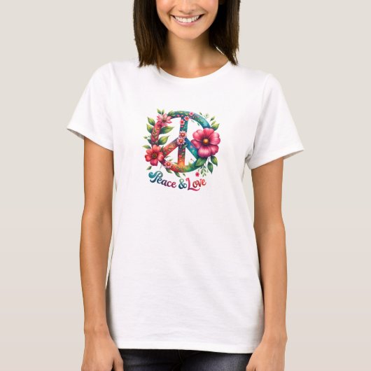 Waterverf retro groovy rust en liefde bloemen t-shirt (Voorkant)