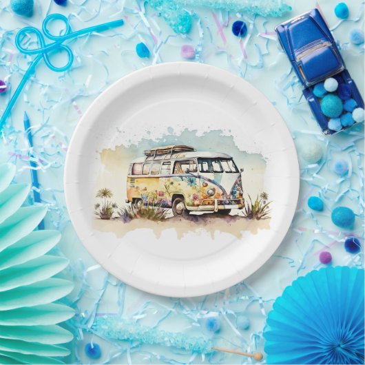 Waterverf Retro Hippie Bus met Bloemen Papieren Bordje (Feest)