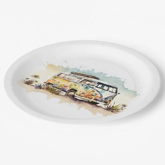 Waterverf Retro Hippie Bus met Bloemen Papieren Bordje (Gekanteld)
