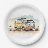 Waterverf Retro Hippie Bus met Bloemen Papieren Bordje (Voorkant)