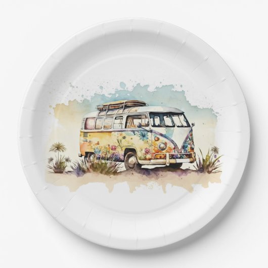 Waterverf Retro Hippie Bus met Bloemen Papieren Bordje (Voorkant)