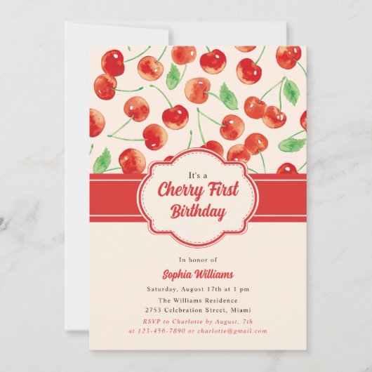 Waterverf Retro Red Cherry Eerste 1e Verjaardag Kaart (Voorkant)