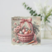 Waterverf retro rieten mand met pastelkleurige eie feestdagenkaart (Staand voorkant)