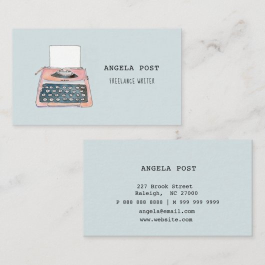 Waterverf Retrotypemachine Blauw Visitekaartje (Voorkant / Achterkant)