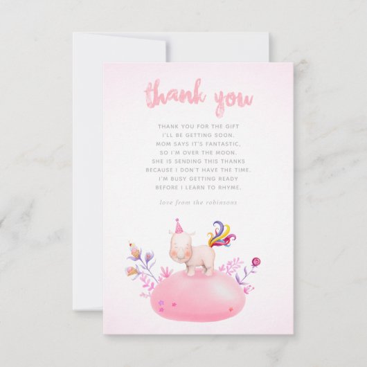 Waterverf Rhino Unicorn Baby Girl Shower Bedankt Kaart (Voorkant)