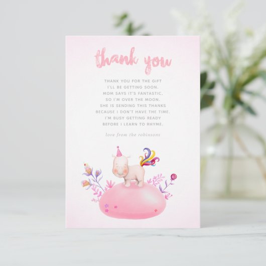 Waterverf Rhino Unicorn Baby Girl Shower Bedankt Kaart (Staand voorkant)