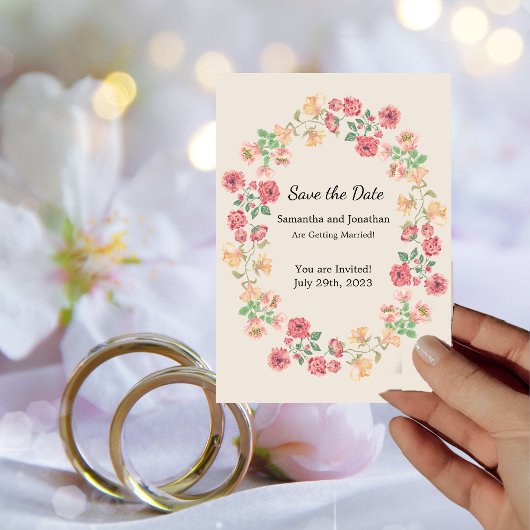 Waterverf Ring of Flowers op Beige Save the Date Kaart