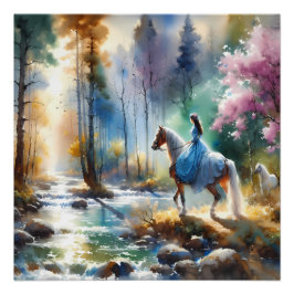 Waterverf Rivier Paardenvrouw Bos Licht Perfect Poster