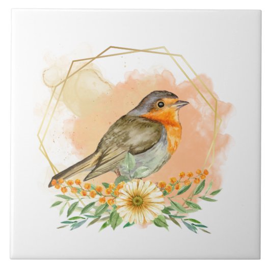 Waterverf Robin en Wildflower Lijst Tegeltje (Voorkant)
