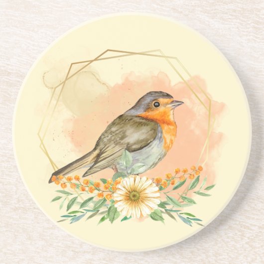 Waterverf Robin en Wildflower Lijst Zandsteen Onderzetter (Voorkant)
