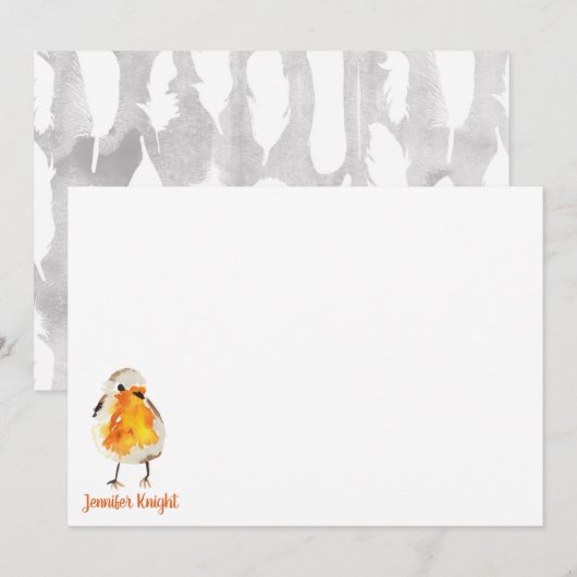 Waterverf Robin & Feathers Stationery Flat Card Notitiekaartje (Voorkant / Achterkant)
