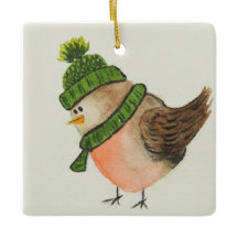 Waterverf Robin in Groene Sjaal en Pet