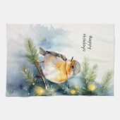 Waterverf Robin op een keukenhanddoek van dennenta (Horizontaal)