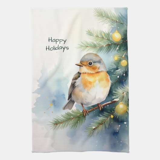Waterverf Robin op een keukenhanddoek van dennenta (Verticaal)
