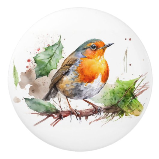 Waterverf Robin op een tak Keramische Knop (Voorkant)