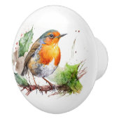 Waterverf Robin op een tak Keramische Knop (Rechts)
