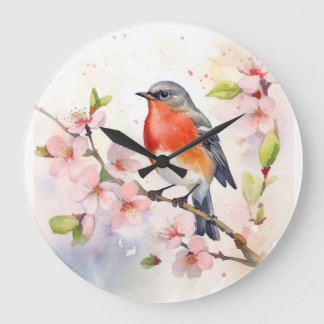 Waterverf Robin op Lente Kersenbloesemtak Grote Klok