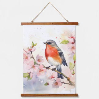 Waterverf Robin op Lente Kersenbloesemtak Hangend Wandkleed