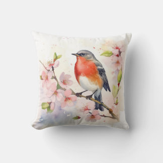 Waterverf Robin op Lente Kersenbloesemtak Kussen