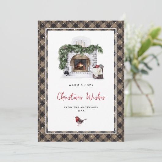 Waterverf Robin Plaid Sneeuwkerstwensen Feestdagenkaart (Staand voorkant)