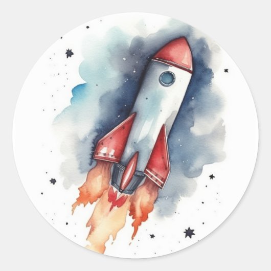 Waterverf Rocketship door de sterren vliegt Ronde Sticker (Voorkant)