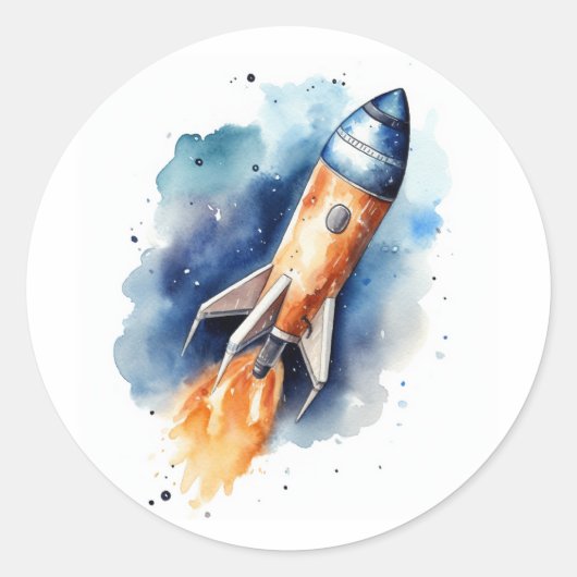 Waterverf Rocketship door de sterren vliegt Ronde Sticker (Voorkant)