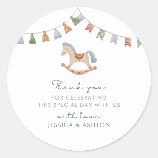 Waterverf Rocking Horese, Baby shower Ronde Sticker (Voorkant)