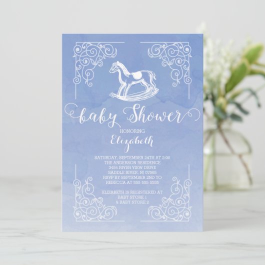 Waterverf Rocking Horse Baby shower Invitation Kaart (Staand voorkant)