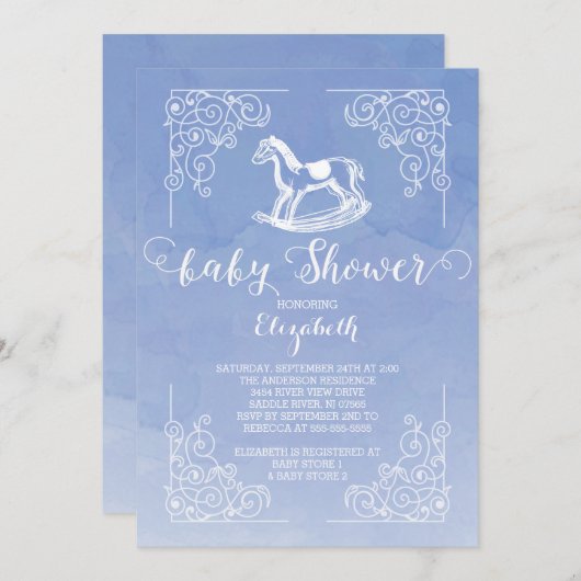 Waterverf Rocking Horse Baby shower Invitation Kaart (Voorkant / Achterkant)