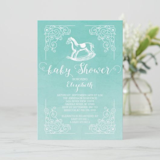Waterverf Rocking Horse Baby shower Invitation Kaart (Staand voorkant)